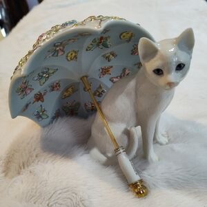 Lenox White Cat Figurine with Colorful Floral Umbrella By Parvaneh Holloway